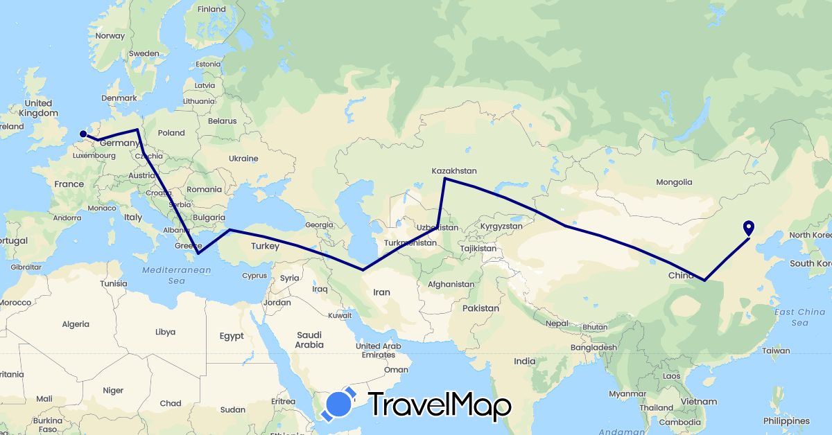 TravelMap itinerary: driving in China, Czech Republic, Germany, Greece, Iran, Kazakhstan, Netherlands, Turkey, Uzbekistan (Asia, Europe)